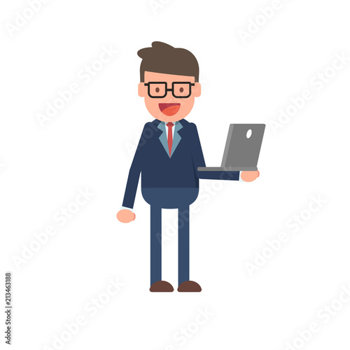 Business man cartoon standing hold laptop on hand succeed concepts vector illustration in flat design