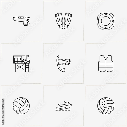 Water Sport line icon set with boat, diving pipe  and water scooter