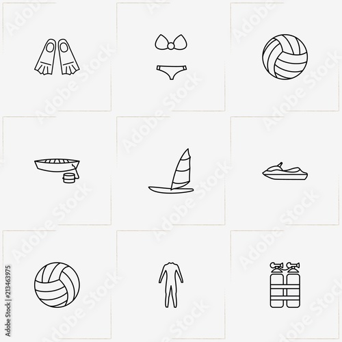 Water Sport line icon set with boat, water scooter and sailing boat