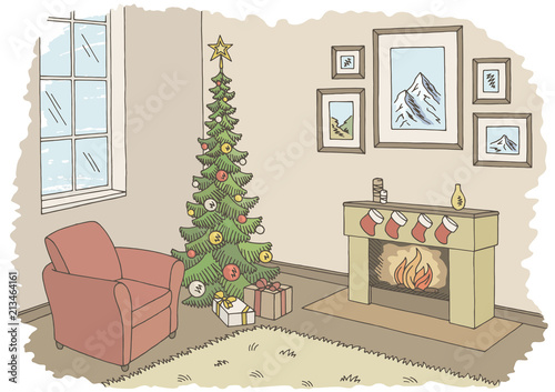 Living room graphic Christmas tree color interior sketch illustration vector