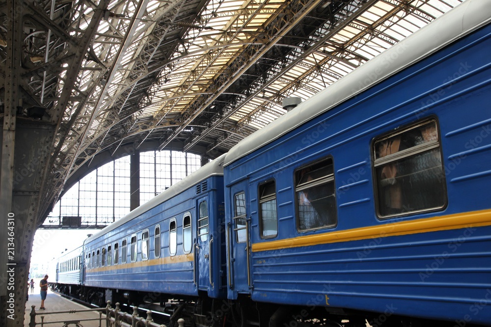 Fototapeta premium Train platforms at the Lviv-Holovnyi railway station, Lviv, Ukraine