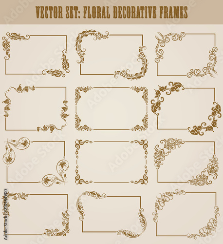 Vector set of decorative hand drawn elements, border, frame with floral elements for design of invitation, greeting, wedding, gift card, certificate, diploma, voucher. Page decoration in vintage style