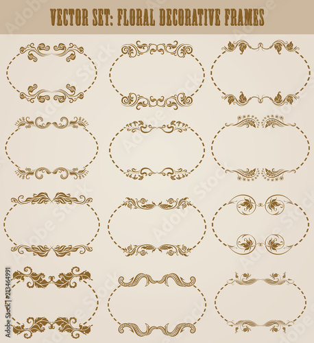 Vector set of decorative hand drawn elements, border, frame with floral elements for design of invitation, greeting, wedding, gift card, certificate, diploma, voucher. Page decoration in vintage style