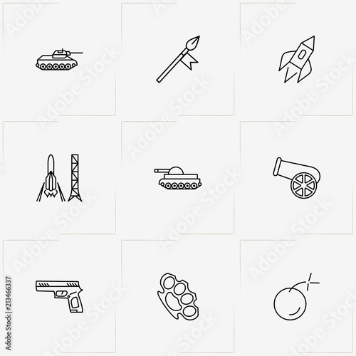 Weapons line icon set with bow and arrow , cannon  and brass knuckles