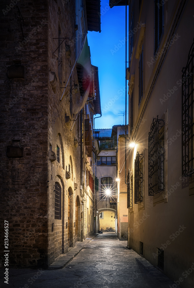 Beautiful street in Florence, Tuscany, Italy. Architecture and landmark of night Florence.