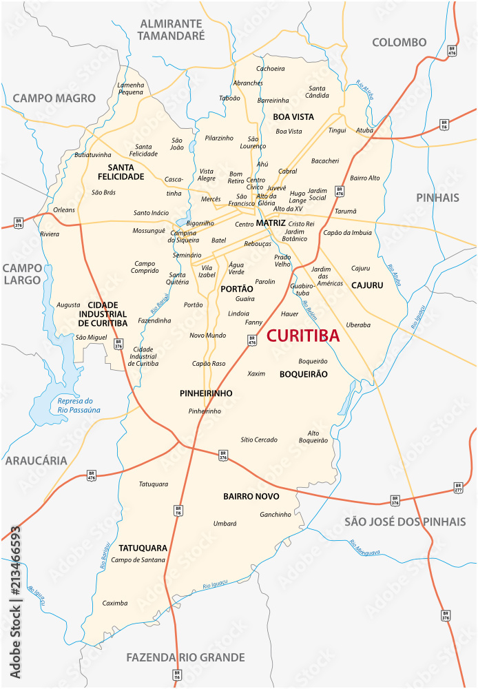 road map of the Brazilian city curitiba with all districts and neighborhoods