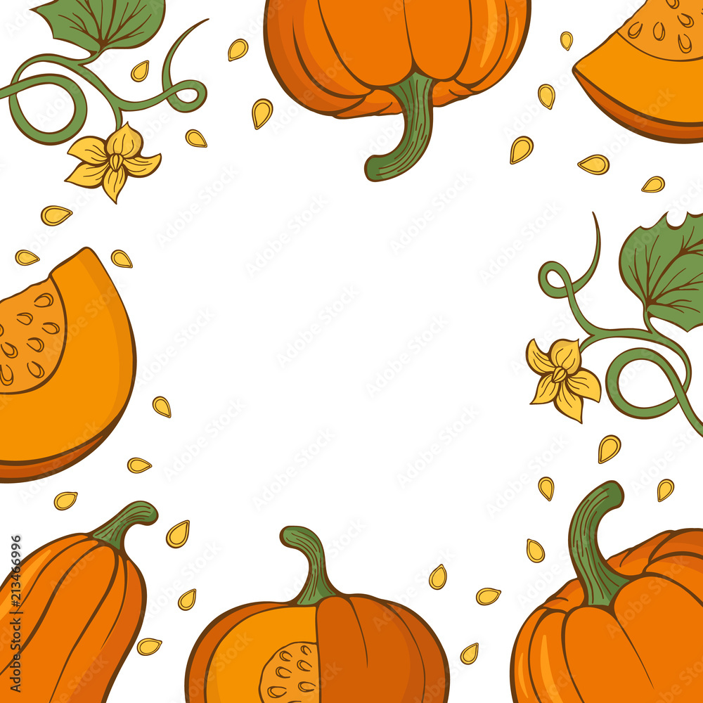 Card with hand drawn pumpkins. Seasons greetings card for prints, flyers, banners, invitations, special offer and more.