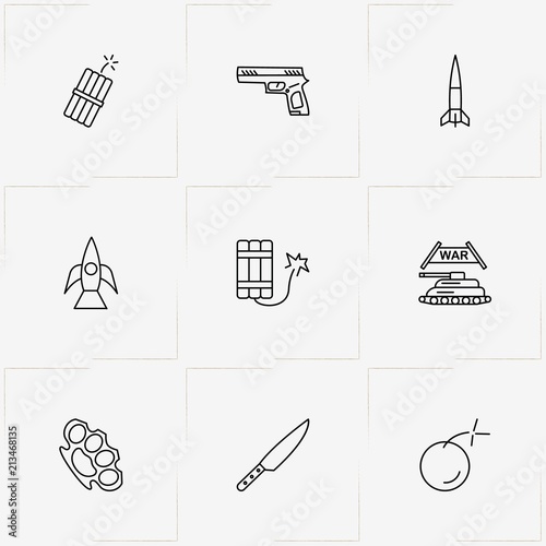 Weapons line icon set with panzer, bomb and rocket