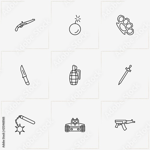 Weapons line icon set with grenade, knife and mace