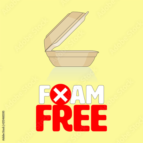 Outline flat icon of styrofoam container with ban cross symbol gimmick typographic design. Foam free concept. Vector illustration.