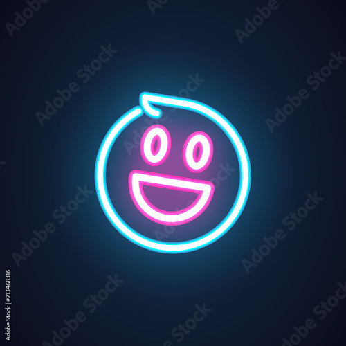 Smile neon icon. Happy emoji illumination symbol. Laughing emoticon expression of positive feelings. Label isolated on black. Element of interface or promotional items. Vector illustration