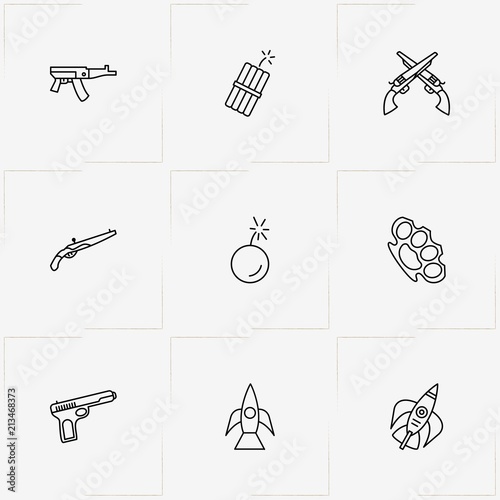 Weapons line icon set with brass knuckles, revolver and automatic gun