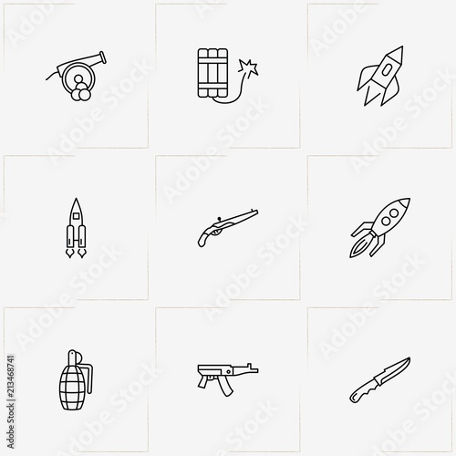 Weapons line icon set with rocket, grenade and dynamite