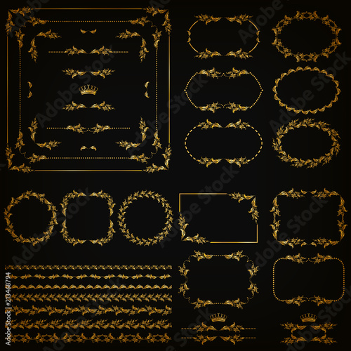 Set of gold decorative hand-drawn floral element, corner, seamless borders, frames, filigree dividers, crown on black background. Page, web site decoration in vintage style. Vector illustration EPS 10