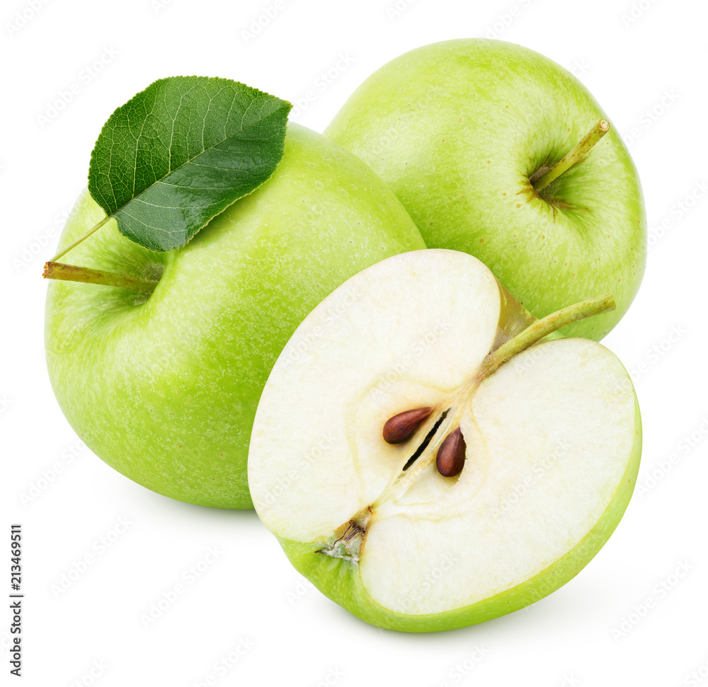 Group of ripe green apple fruits with apple half and green leaf isolated on white background. Apples with clipping path - obrazy, fototapety, plakaty 