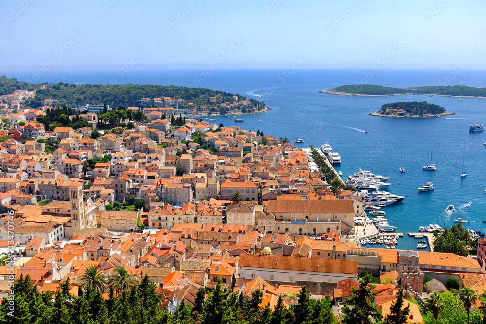 Hvar town and the harbor from the Spanish Fortress in Croatia
