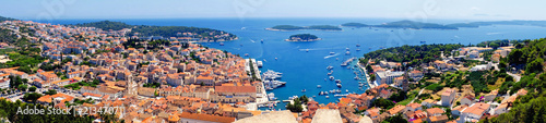 Beautiful wide panorama of Hvar town with the harbor in Croatia