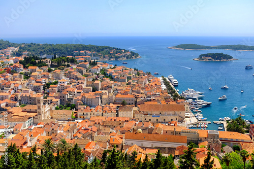 Hvar town and the harbor from the Spanish Fortress in Croatia