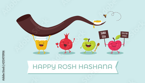 Rosh Hashanah Jewish holiday banner design with honey jar, apple and pomegranate funny cartoon characters holding shofar , Jewish horn. Vector illustration