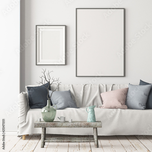 Mock up poster in an interior in Scandinavian style with a sofa. 3D rendering