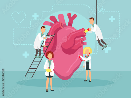 Doctors treat a sick heart. Vector illustration.