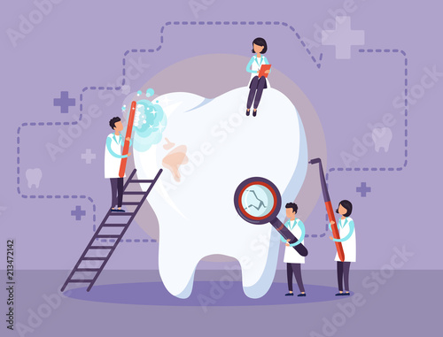 Doctors treat a sick tooth. Vector illustration.