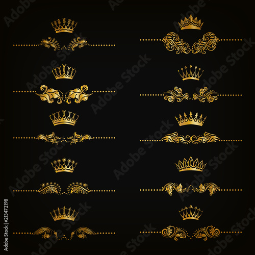 Set of filigree damask ornaments. Floral golden elements, borders, dividers, frames, crowns for page, web design. Page decoration in vintage style on black background. Vector illustration EPS 10.