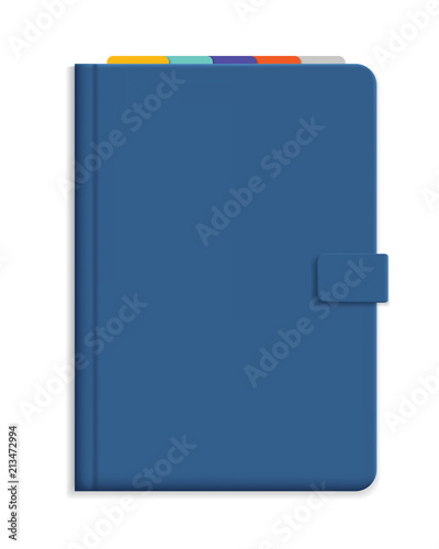 Vector illustration of blue diary with hard cover and colorful bookmarks - with space for your text