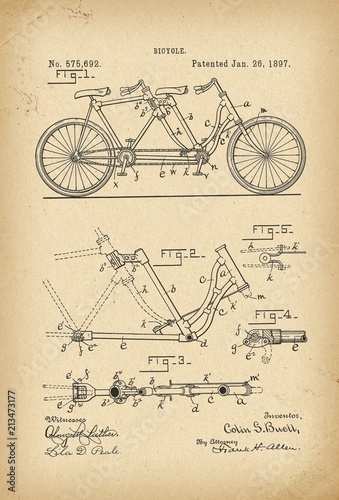 1897 Patent Velocipede tandem Bicycle archival history invention photo