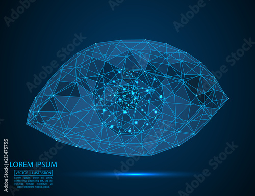An abstract eye consisting of 3D triangles, lines, points and links. Vector illustration of EPS 10.