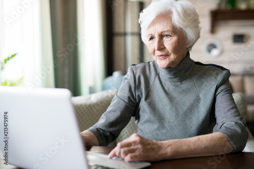 Attractive senior woman with white hair sitting at the table and looking at computer