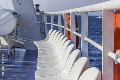 Horizontal shot of ferry white one line plastic sealing under open blue sky background