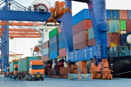 Port activities, big container ship discharging and loading at port terminal
