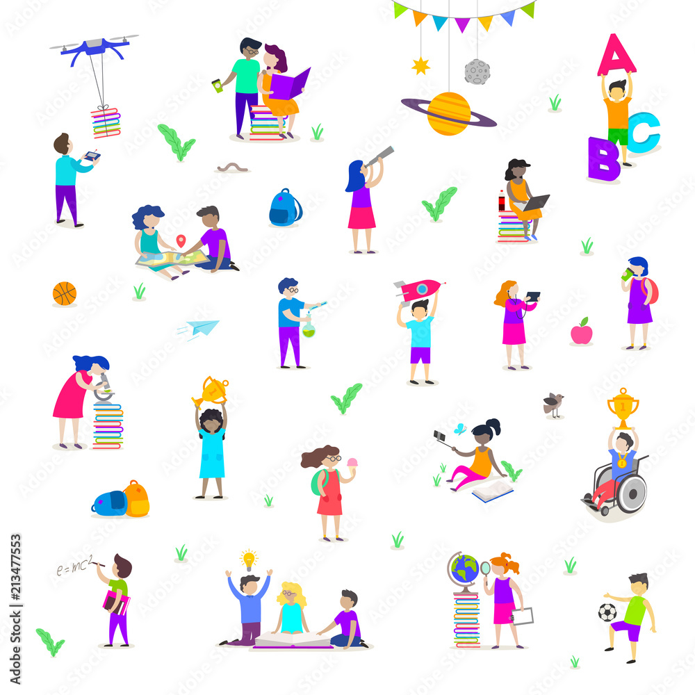 Back to school - vector illustration. Group of active children. Set of isolated people characters. Children doing different activities liking painting, studying, sport, daydream, reading and explore.