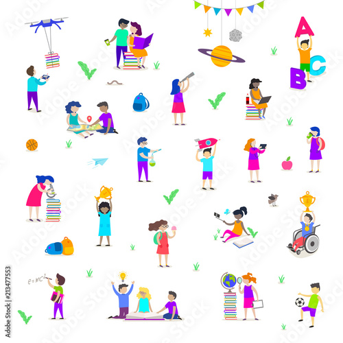 Back to school - vector illustration. Group of active children. Set of isolated people characters. Children doing different activities liking painting, studying, sport, daydream, reading and explore. © sergo77