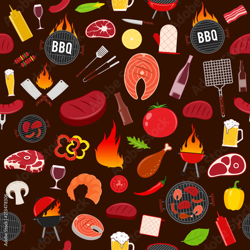 Vector barbecue icons seamless pattern or background