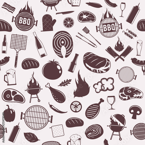 Vector barbecue icons seamless pattern or background
