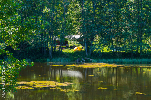 фотографія A small pond with water-lilies growing in it with tents on the green grass on the opposite shore