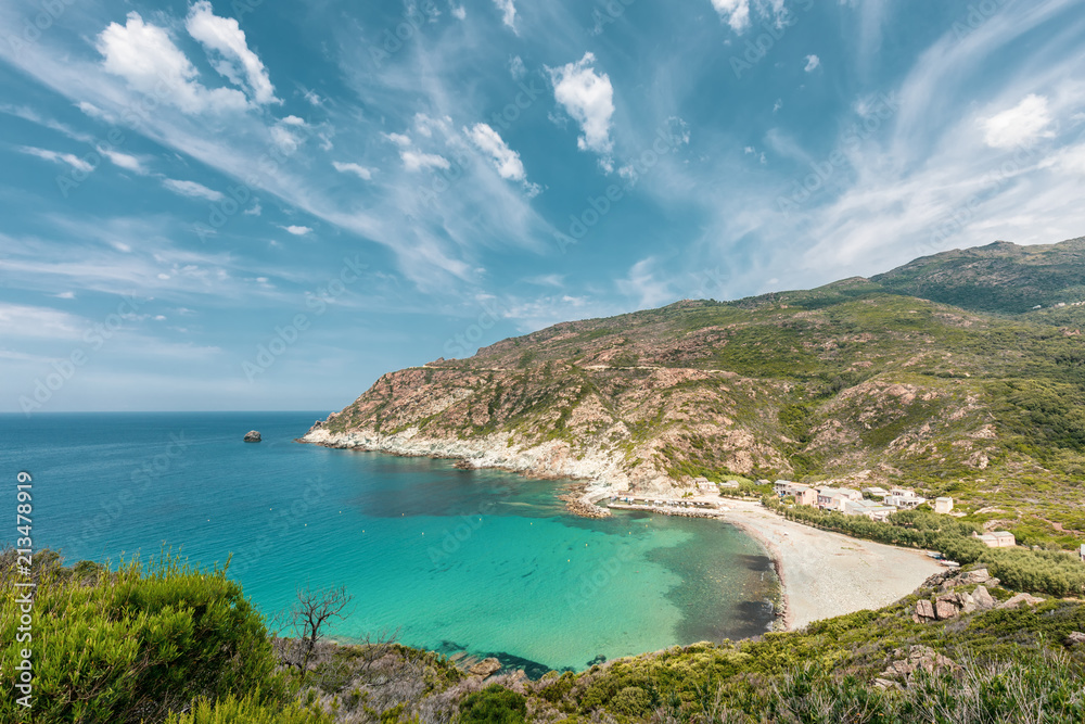 Turquoise Mediterranean and beach at Marine de Giottani in Corsica