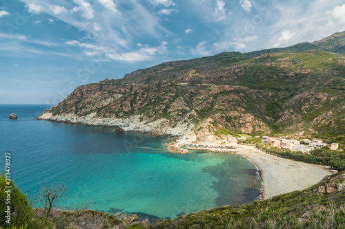 Fototapeta Naklejka Na Ścianę i Meble -  Turquoise Mediterranean and beach at Marine de Giottani in Corsica