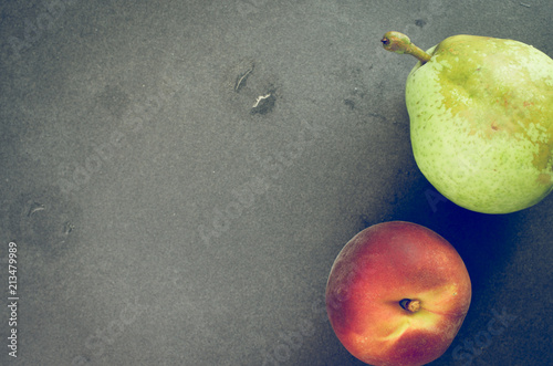 pear and peach fresh organic fruits - top view