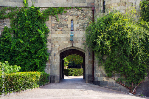 Entrance gate of the Vorontsov palace in Crimea. Old medieval castle style.  photo