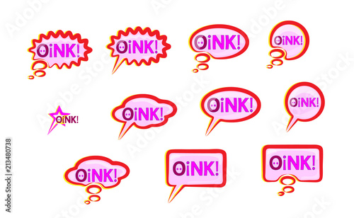 Pink speech bubble Icons set wish inscription oink. Lettering vector design elements. Cute text the voice of the pig. Funny pig vector grunting and squeal, chomp vector illustration