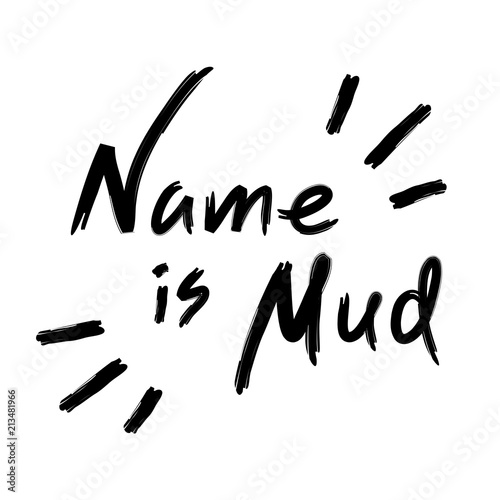 Name is mud - emotional handwritten quote, American slang, urban dictionary. Print for poster, t-shirt, bag, logo,  postcard, flyer, sticker, sweatshirt, cup, badge. Simple funny original vector