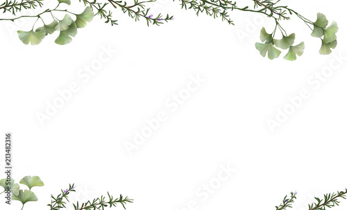 beautiful white banner with painted ginkgo leaves and rosemary