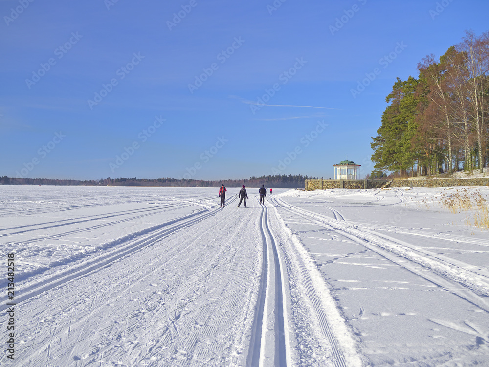 Cross-country skiing on snow covered frozen sea on a sunny winter day.