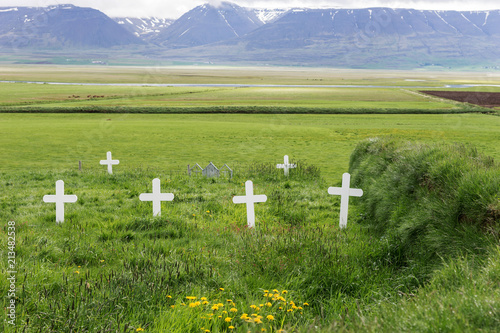 White wooden crosses on a traditional cemetery in Iceland