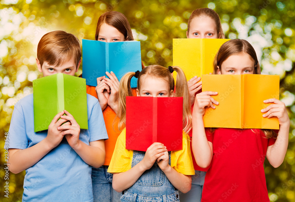 Children Read Books, Group of Kids Eyes behind Open Blank Book