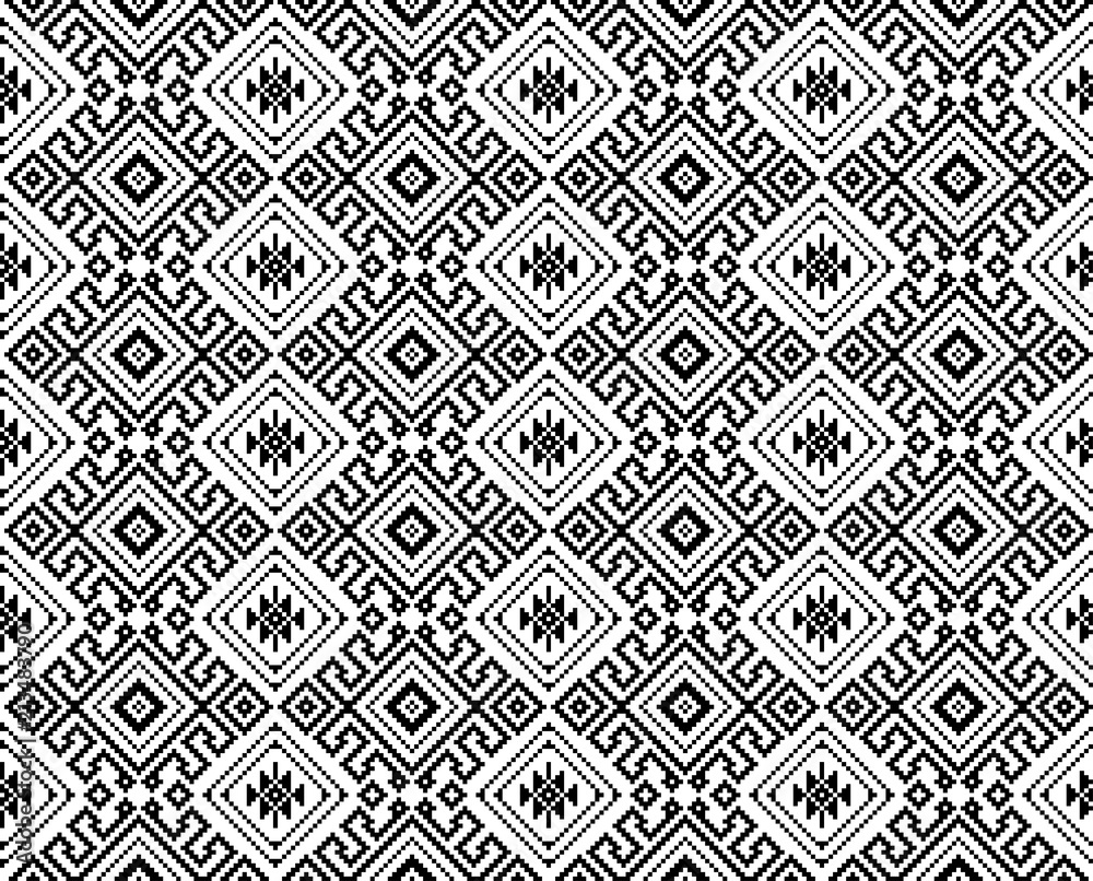 Seamless black geometric pattern. Thai, South East Asian ethnic style. Embroidery style.