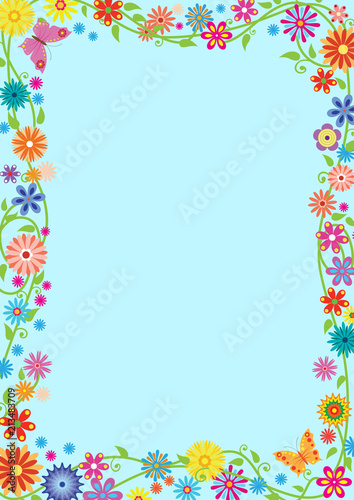 Rectangular framework with fancy flowers and butterflies. Template for preschool, school diploma, certificate. A4, A3 page proportions. Clipping mask is applied.